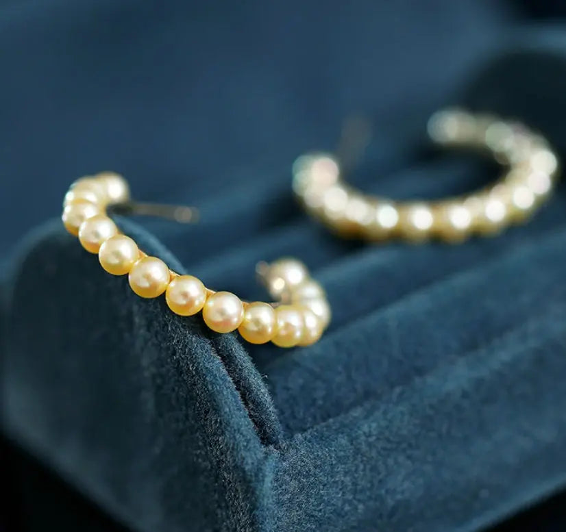 18k Solid Yellow Gold Golden Akoya Pearl Earrings, Golden Beaded Pearl Hoop Earrings Etsy