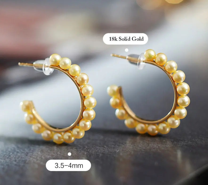 18k Solid Yellow Gold Golden Akoya Pearl Earrings, Golden Beaded Pearl Hoop Earrings Etsy