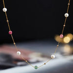 5A+ High Luster White Pearl & Tourmaline Handmade 18k Yellow Gold Beaded Pearl Necklace, Freshwater Pearl Choker, Baby Pearl, Beaded Choker - LaCorserArtJewelry