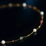 5A+ High Luster White Pearl & Tourmaline Handmade 18k Yellow Gold Beaded Pearl Necklace, Freshwater Pearl Choker, Baby Pearl, Beaded Choker - LaCorserArtJewelry