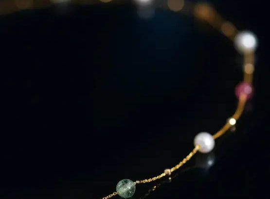 5A+ High Luster White Pearl & Tourmaline Handmade 18k Yellow Gold Beaded Pearl Necklace, Freshwater Pearl Choker, Baby Pearl, Beaded Choker - LaCorserArtJewelry