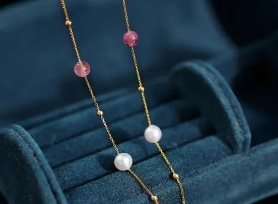 5A+ High Luster White Pearl & Tourmaline Handmade 18k Yellow Gold Beaded Pearl Necklace, Freshwater Pearl Choker, Baby Pearl, Beaded Choker - LaCorserArtJewelry