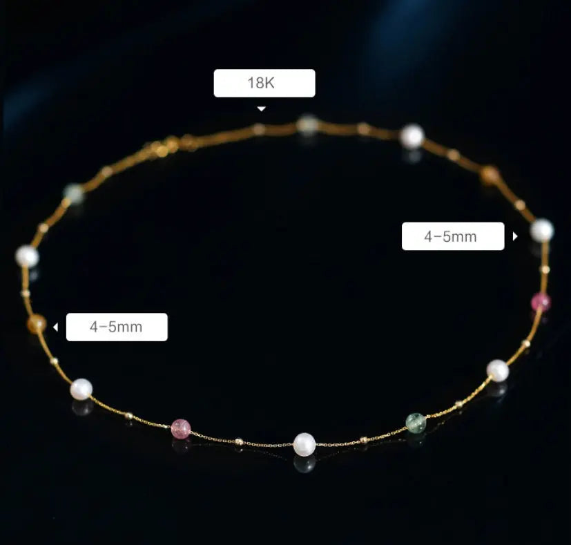 5A+ High Luster White Pearl & Tourmaline Handmade 18k Yellow Gold Beaded Pearl Necklace, Freshwater Pearl Choker, Baby Pearl, Beaded Choker - LaCorserArtJewelry