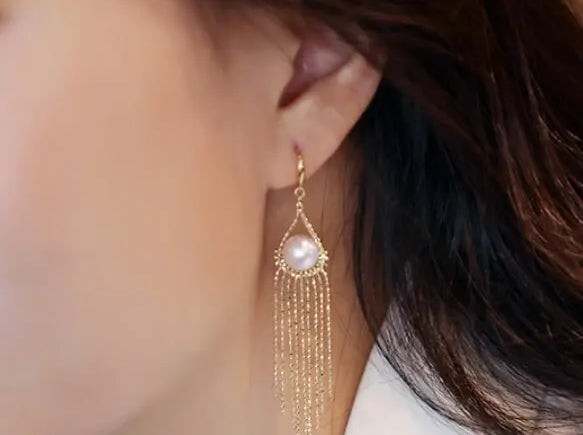 8mm Natural High Luster White Pearl Earrings Handmade 18k Solid Yellow Gold White Pearl Tassel Earrings, Gift Idea, Anniversary Idea Etsy