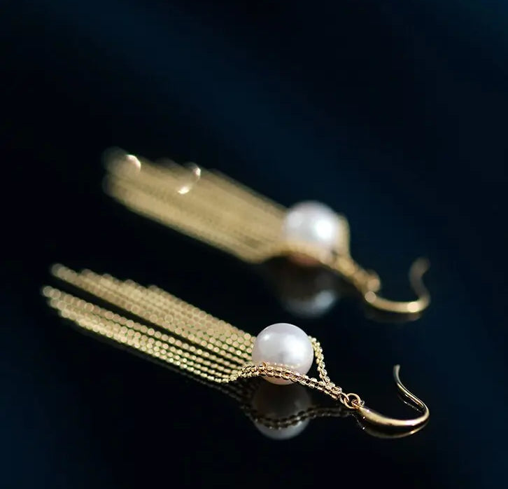 8mm Natural High Luster White Pearl Earrings Handmade 18k Solid Yellow Gold White Pearl Tassel Earrings, Gift Idea, Anniversary Idea Etsy