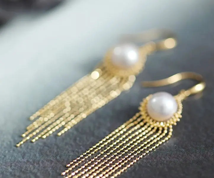 8mm Natural High Luster White Pearl Earrings Handmade 18k Solid Yellow Gold White Pearl Tassel Earrings, Gift Idea, Anniversary Idea Etsy