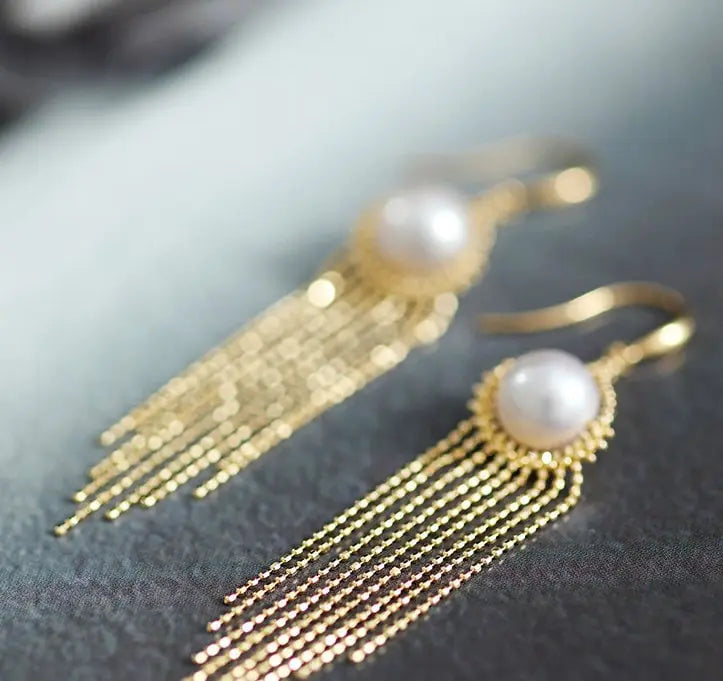 8mm Natural High Luster White Pearl Earrings Handmade 18k Solid Yellow Gold White Pearl Tassel Earrings, Gift Idea, Anniversary Idea Etsy