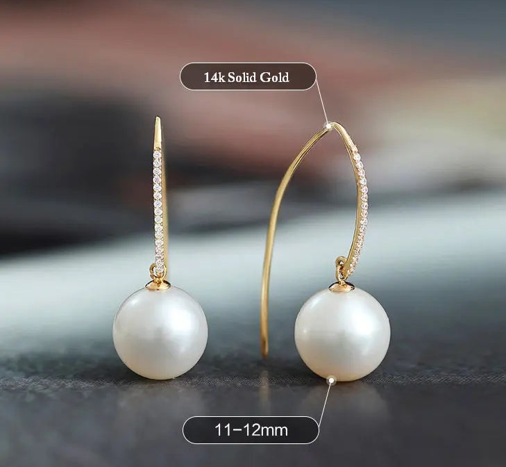 12mm Freshwater White Pearl Earrings in 14K Yellow Gold Etsy