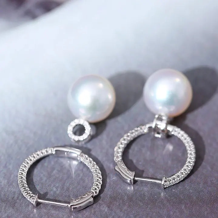 12mm Natural South Sea White Pearls & White Diamond Drop Earrings 18k Solid White Gold White Pearl Circle Earrings, Anniversary Gift Idea Etsy