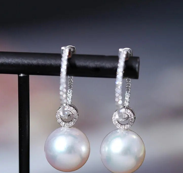12mm Natural South Sea White Pearls & White Diamond Drop Earrings 18k Solid White Gold White Pearl Circle Earrings, Anniversary Gift Idea Etsy