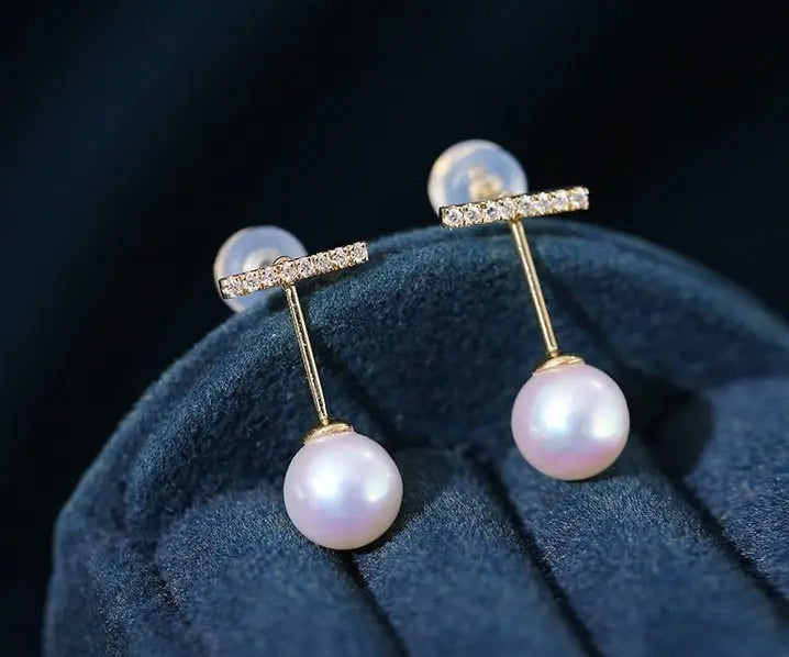 7mm High Luster White Pink Pearl & White Diamond Earrings, 18K Solid Champagne Gold Pearl Earrings, Diamond T Shape Earrings Etsy