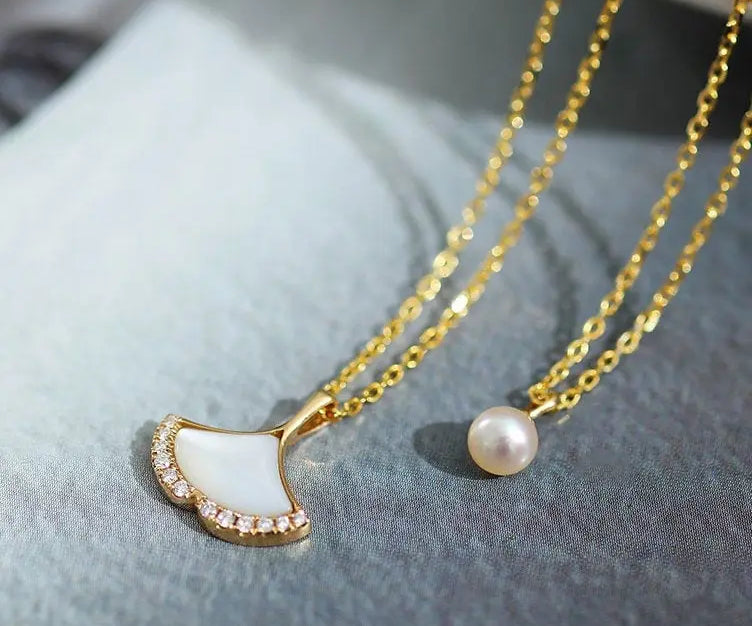 18K Yellow Gold Pearl Diamond Ocean Necklace Etsy