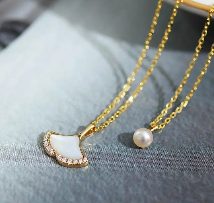18K Yellow Gold Pearl Diamond Ocean Necklace Etsy
