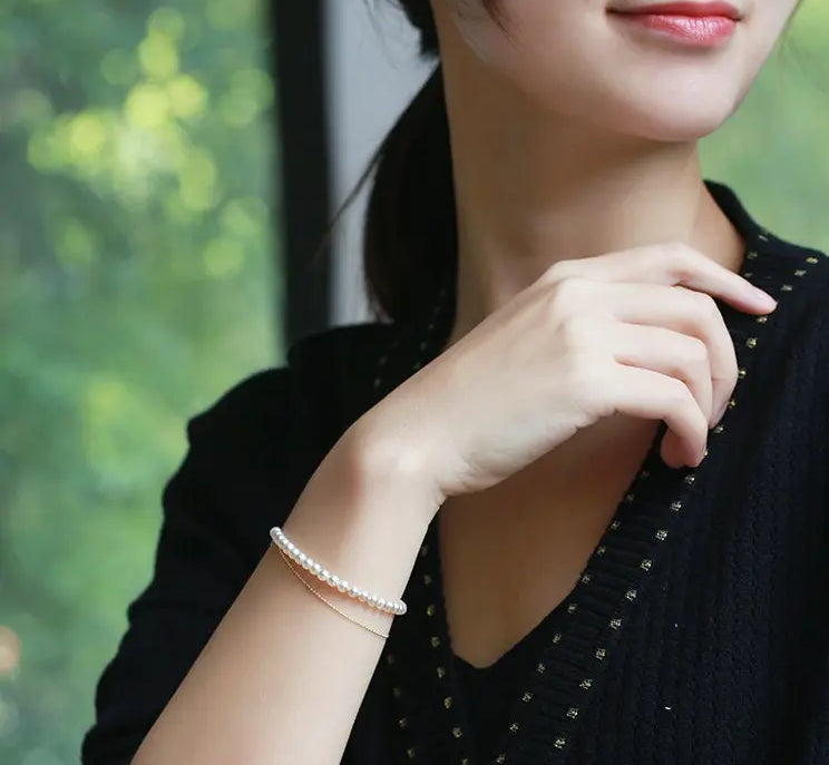 18K Yellow Gold 4-5mm Natural High Luster Pearl Two Layer Bracelets, Handmade Bracelets, Anniversary Gift Idea, Gift for Mom Etsy