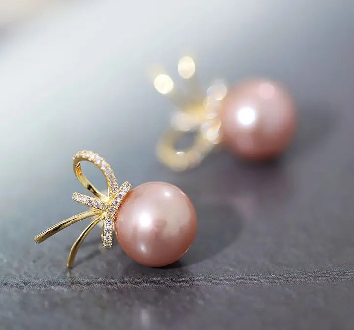 12-13mm Natural High Luster Pink Purple Pearl Earrings 18K Gold Plated Vermeil Bowknot Earrings, Edison Pearl Earrings Etsy