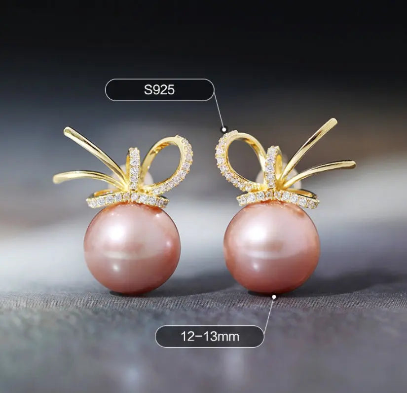 12-13mm Natural High Luster Pink Purple Pearl Earrings 18K Gold Plated Vermeil Bowknot Earrings, Edison Pearl Earrings Etsy