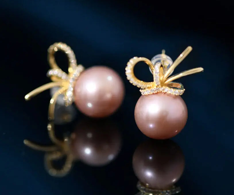 12-13mm Natural High Luster Pink Purple Pearl Earrings 18K Gold Plated Vermeil Bowknot Earrings, Edison Pearl Earrings Etsy