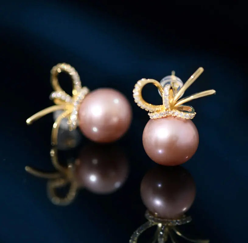 12-13mm Natural High Luster Pink Purple Pearl Earrings 18K Gold Plated Vermeil Bowknot Earrings, Edison Pearl Earrings Etsy