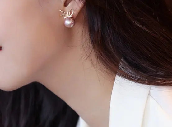 12-13mm Natural High Luster Pink Purple Pearl Earrings 18K Gold Plated Vermeil Bowknot Earrings, Edison Pearl Earrings Etsy