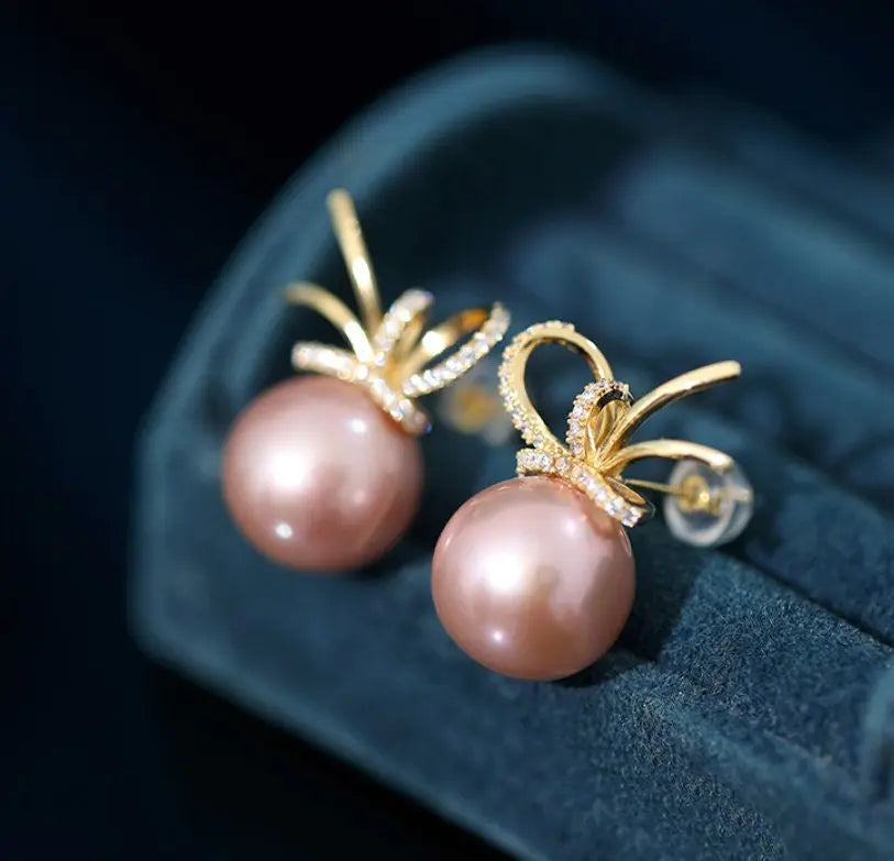 12-13mm Natural High Luster Pink Purple Pearl Earrings 18K Gold Plated Vermeil Bowknot Earrings, Edison Pearl Earrings Etsy
