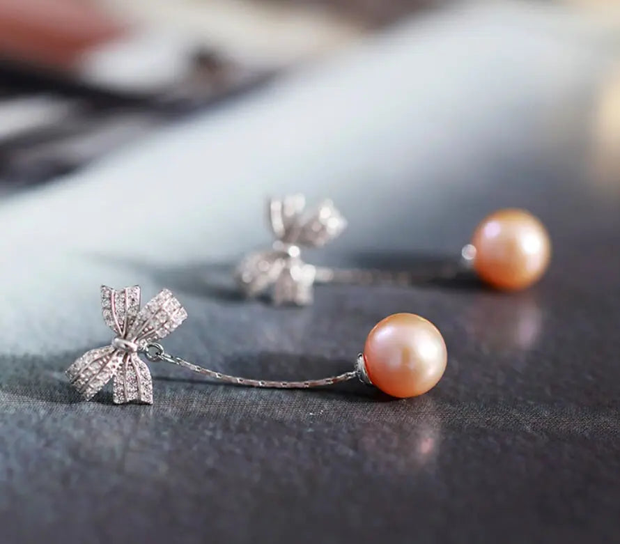 9mm Nude Pearl Silver Bowknot Earrings - Anniversary Etsy