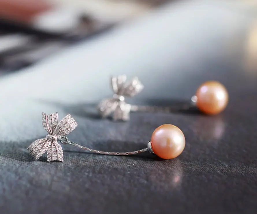 9mm Nude Pearl Silver Bowknot Earrings - Anniversary Etsy