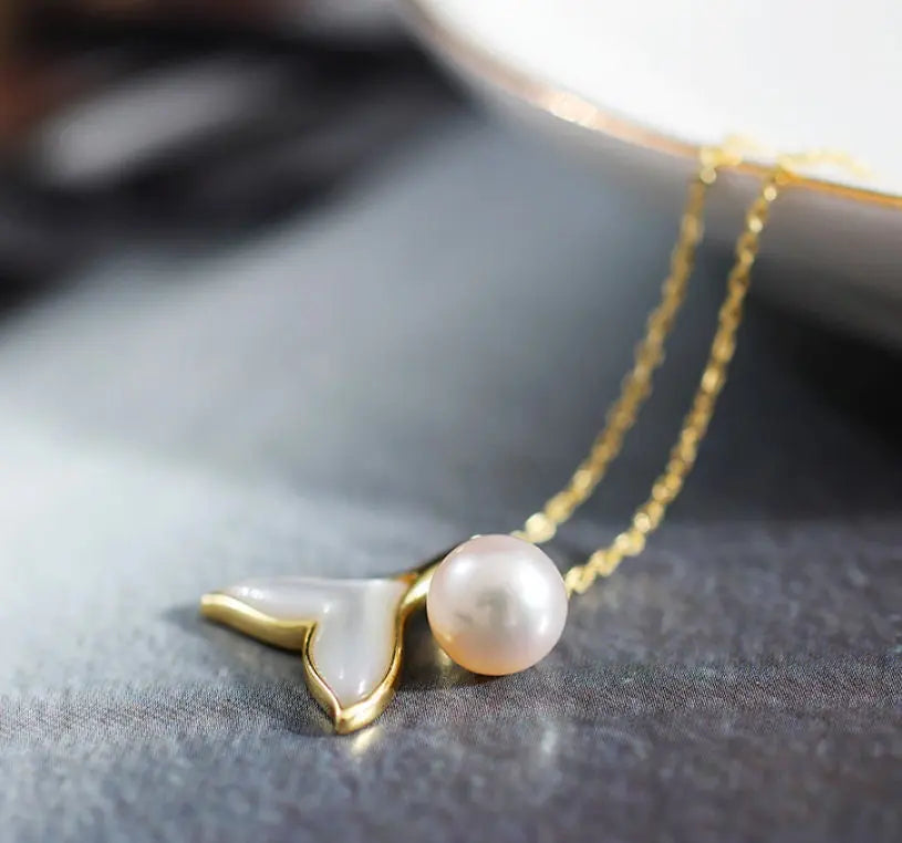 8mm Natural High Luster Pearl & Mother of Pearl Handmade 18K Gold Plated Vermeil Necklace, Dolphin Fin Necklace, Ocean Lover, Gift Idea - LaCorserArtJewelry