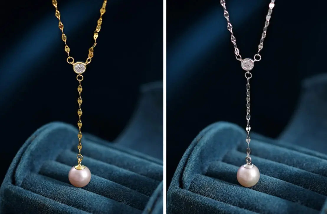 High Luster 8-9mm Natural Nude Pearl Necklace Handmade Silver 925 Y-Necklace, Vanilla Pearl Necklace, Anniversary Gift Idea, Gift for Mon - LaCorserArtJewelry