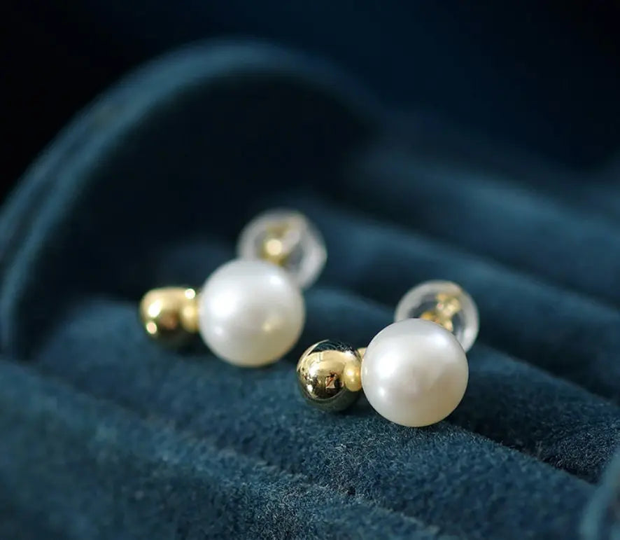 7-8mm Natural High Luster White Pearls Earrings, 18k Gold Plated Vermeil Stud Earrings, Golden Ball Earrings, Anniversary Gift Idea Etsy