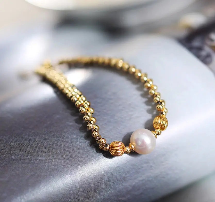 8-9mm Natural High Luster White Pearl Bracelets 14K Gold Filled Granulation Golden Bracelets, Gift for Her, Anniversary Gift Idea Etsy