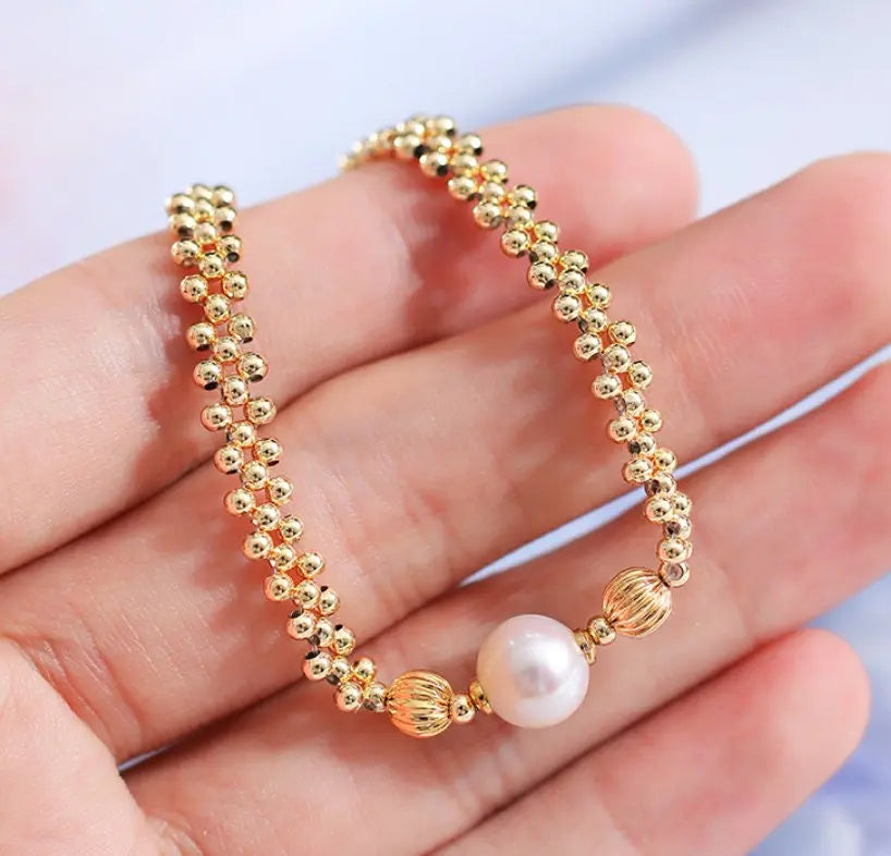 8-9mm Natural High Luster White Pearl Bracelets 14K Gold Filled Granulation Golden Bracelets, Gift for Her, Anniversary Gift Idea Etsy