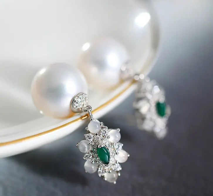 14mm Natural High Luster White Pearl & Chalcedony Cabochon Earrings Handmade 925 Silver White Pearl Earrings, Anniversary Gift Idea Etsy