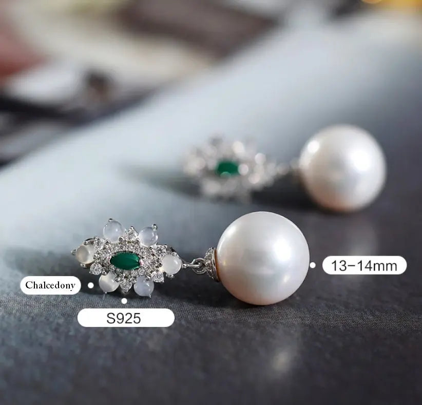 14mm Natural High Luster White Pearl & Chalcedony Cabochon Earrings Handmade 925 Silver White Pearl Earrings, Anniversary Gift Idea Etsy