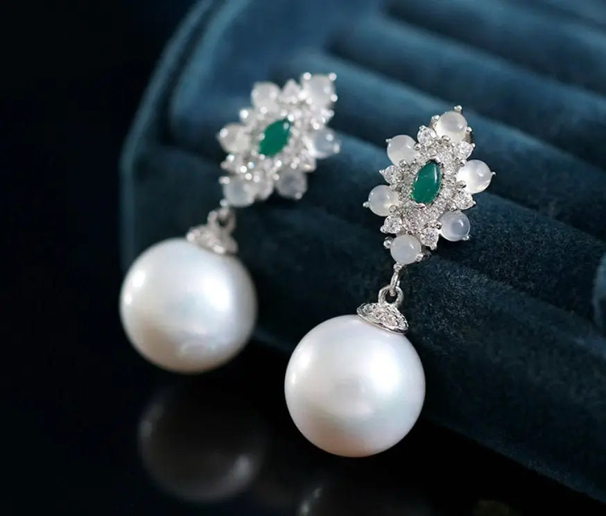 14mm Natural High Luster White Pearl & Chalcedony Cabochon Earrings Handmade 925 Silver White Pearl Earrings, Anniversary Gift Idea Etsy
