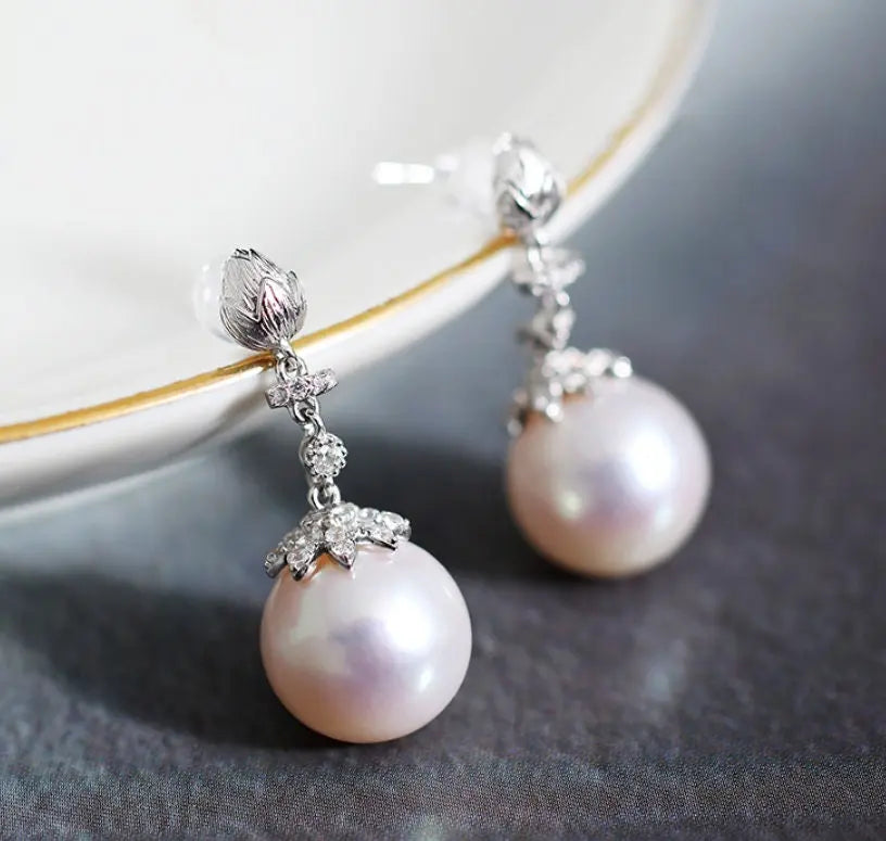 12mm Natural High Luster White Pink Pearl 925 Silver White Pearl Earrings, Flower Earrings, Cluster Earrings, Anniversary Gift Idea for Mom Etsy