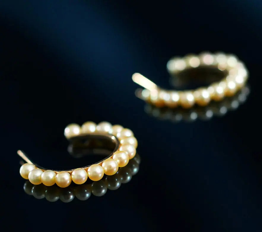 18k Solid Yellow Gold Golden Akoya Pearl Earrings, Golden Beaded Pearl Hoop Earrings Etsy
