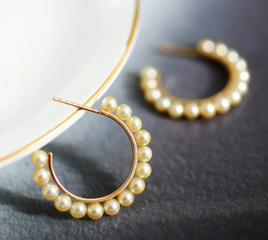 18k Solid Yellow Gold Golden Akoya Pearl Earrings, Golden Beaded Pearl Hoop Earrings Etsy