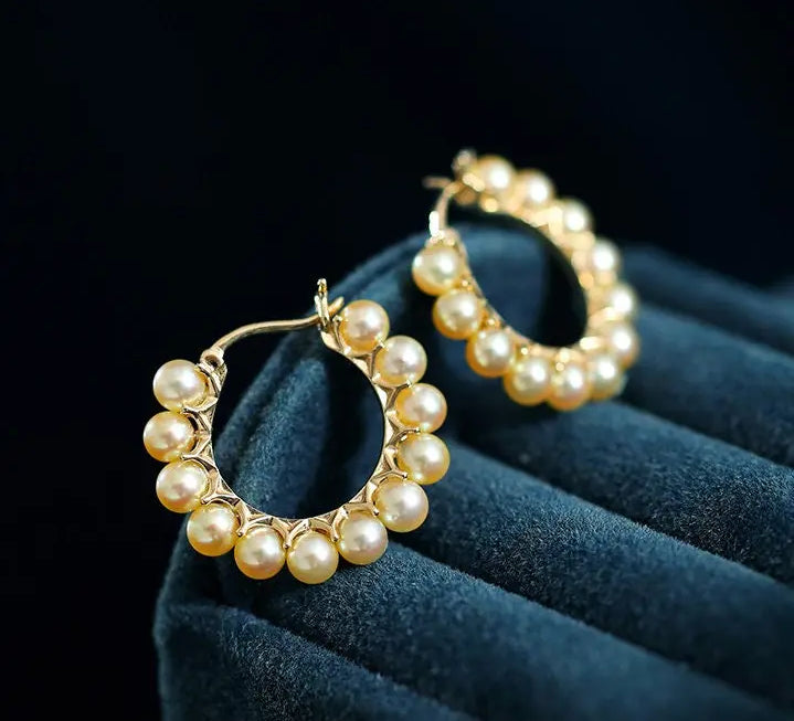 5A+ Natural Akoya Golden Pearl Earrings 18k Solid Yellow Gold Golden Beaded Pearl Hoop Handmade Earrings, Gift Idea, Anniversary Idea - LaCorserArtJewelry