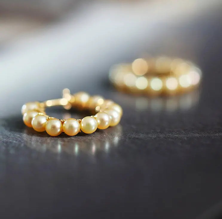 5A+ Natural Akoya Golden Pearl Earrings 18k Solid Yellow Gold Golden Beaded Pearl Hoop Handmade Earrings, Gift Idea, Anniversary Idea - LaCorserArtJewelry