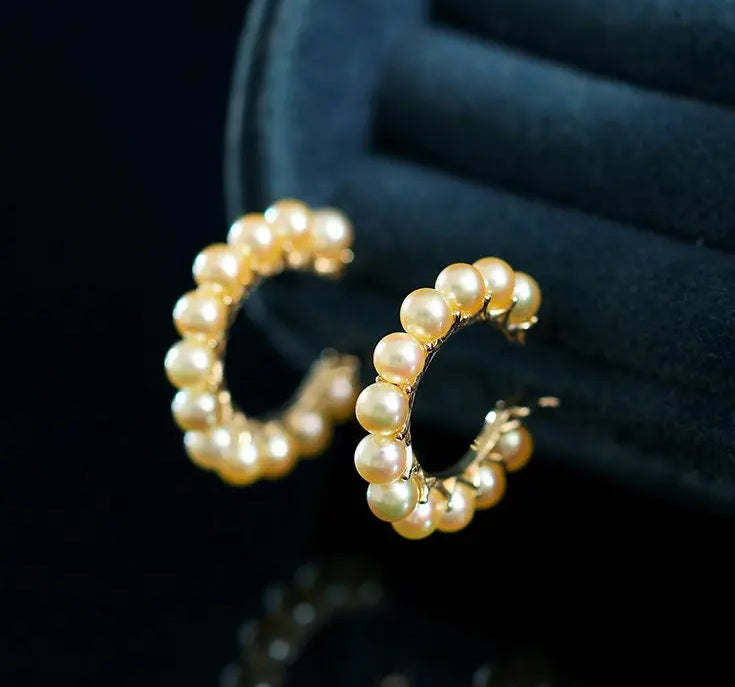5A+ Natural Akoya Golden Pearl Earrings 18k Solid Yellow Gold Golden Beaded Pearl Hoop Handmade Earrings, Gift Idea, Anniversary Idea - LaCorserArtJewelry