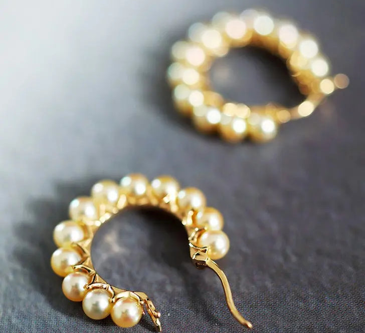 5A+ Natural Akoya Golden Pearl Earrings 18k Solid Yellow Gold Golden Beaded Pearl Hoop Handmade Earrings, Gift Idea, Anniversary Idea - LaCorserArtJewelry