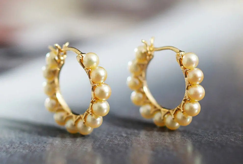 5A+ Natural Akoya Golden Pearl Earrings 18k Solid Yellow Gold Golden Beaded Pearl Hoop Handmade Earrings, Gift Idea, Anniversary Idea - LaCorserArtJewelry