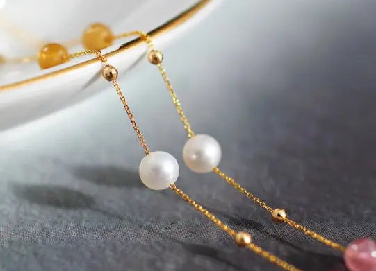 5A+ High Luster White Pearl & Tourmaline Handmade 18k Yellow Gold Beaded Pearl Necklace, Freshwater Pearl Choker, Baby Pearl, Beaded Choker - LaCorserArtJewelry