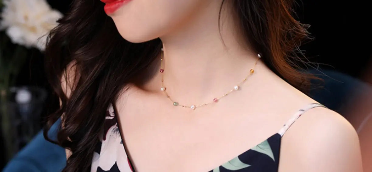 5A+ High Luster White Pearl & Tourmaline Handmade 18k Yellow Gold Beaded Pearl Necklace, Freshwater Pearl Choker, Baby Pearl, Beaded Choker - LaCorserArtJewelry