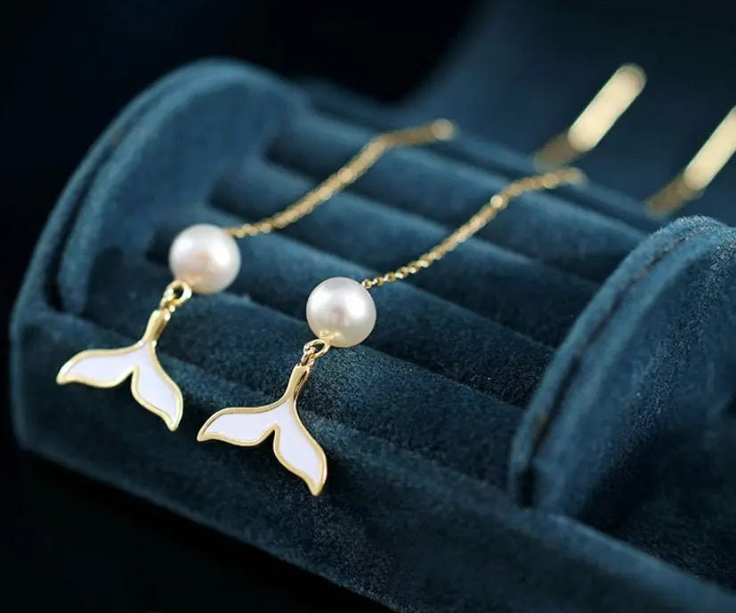 6-7mm Natural High Luster Pearl & Mother of Pearl Handmade Silver Earrings, Dolphin Fin Earrings, Ocean Lover, Gift Idea, Fish Earrings Etsy