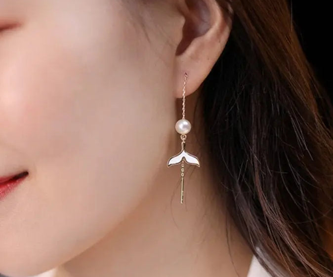 6-7mm Natural High Luster Pearl & Mother of Pearl Handmade Silver Earrings, Dolphin Fin Earrings, Ocean Lover, Gift Idea, Fish Earrings Etsy