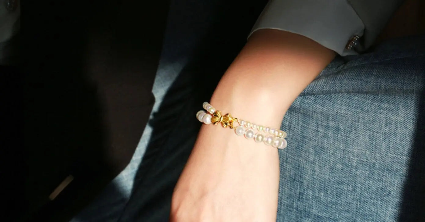 Bowknot Design Freshwater Pearl Strand Bracelet - 18K Gold Plated Etsy