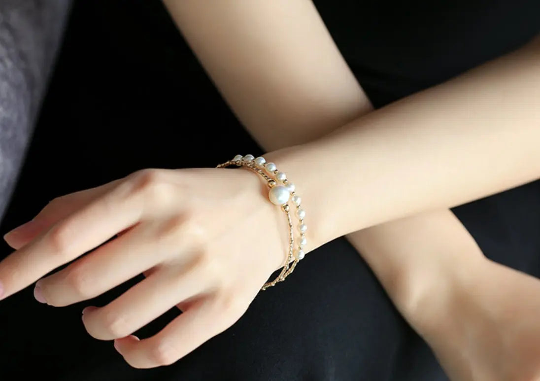 4-10mm Natural High Luster Pearl 14K Gold Filled White Pearl Bracelets, Freshwater Baby Pearl Bracelets, Two Layer Bracelets, Gift Idea Etsy