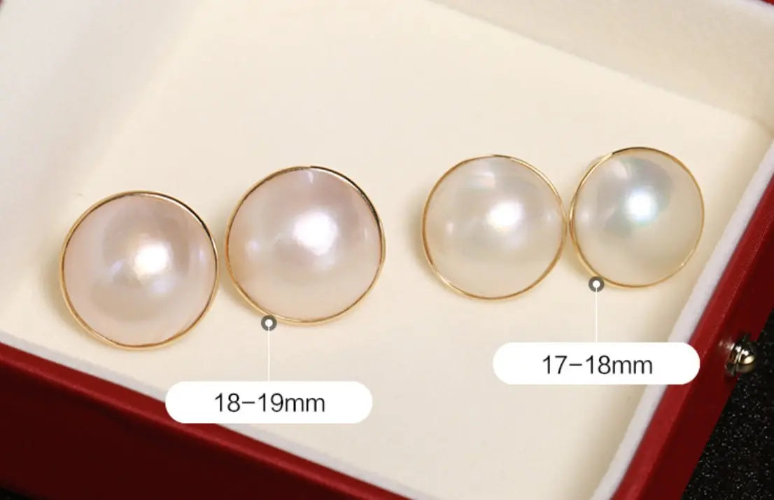 17/18/19mm Natural Mabe Pearl Earrings Handmade 18k Solid Yellow Gold Mabe Pearl Earrings, Seawater Pearl Earrings, Gift Idea for Mom - LaCorserArtJewelry