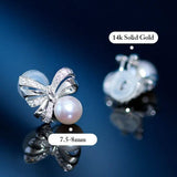 Natural White Diamond & Akoya White Pink Pearl Earrings, 18k Solid Yellow Gold Handmade Earrings, Bowknot Earrings, Anniversary Gift Idea Etsy